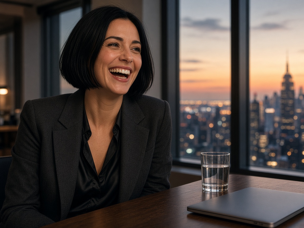 A woman in a charcoal blazer laughing at a high-rise desk at dusk