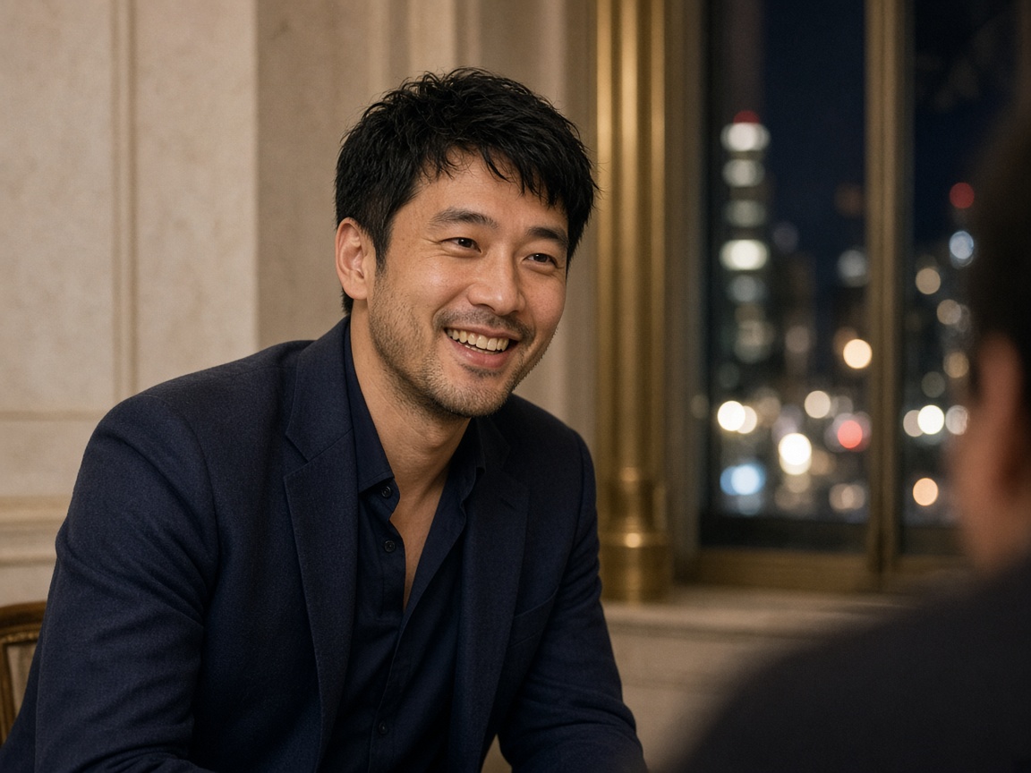 A man in a navy suit smiling in a stone and brass meeting room