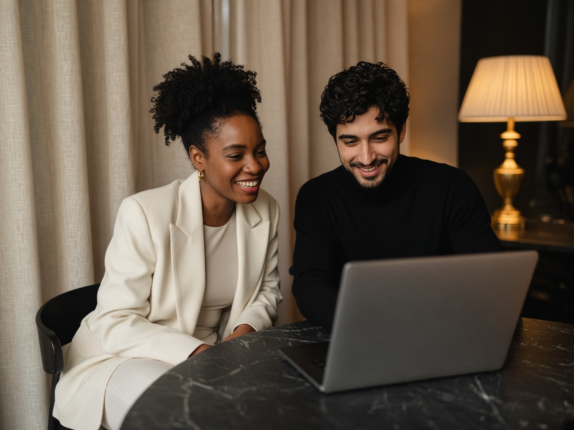 Two people in tailored clothes smiling at a laptop on a black stone table