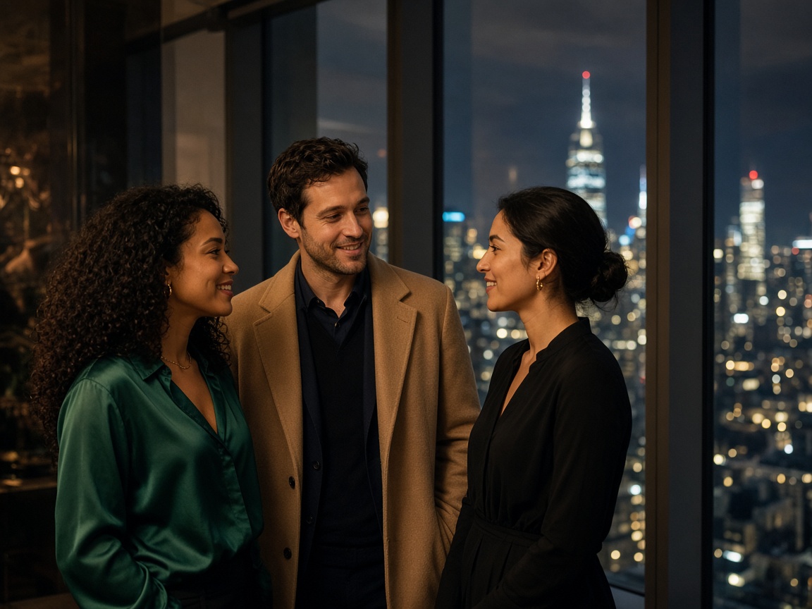 Three colleagues in evening clothes smiling by a high-rise window