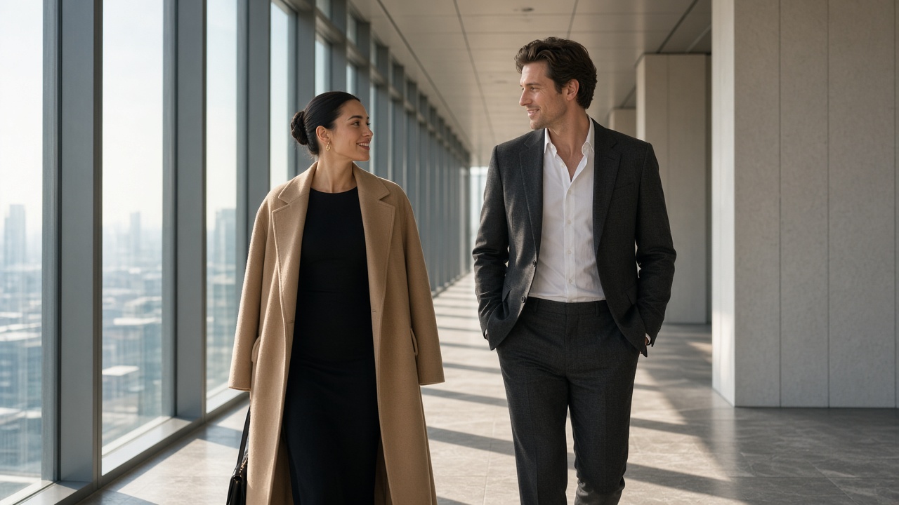 A woman in a black dress and camel coat and a man in a charcoal suit, smiling in a glass corridor
