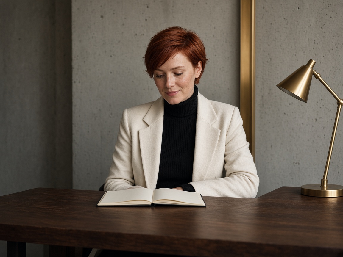 A woman with short copper hair in a cream blazer, smiling at a notebook on a walnut desk