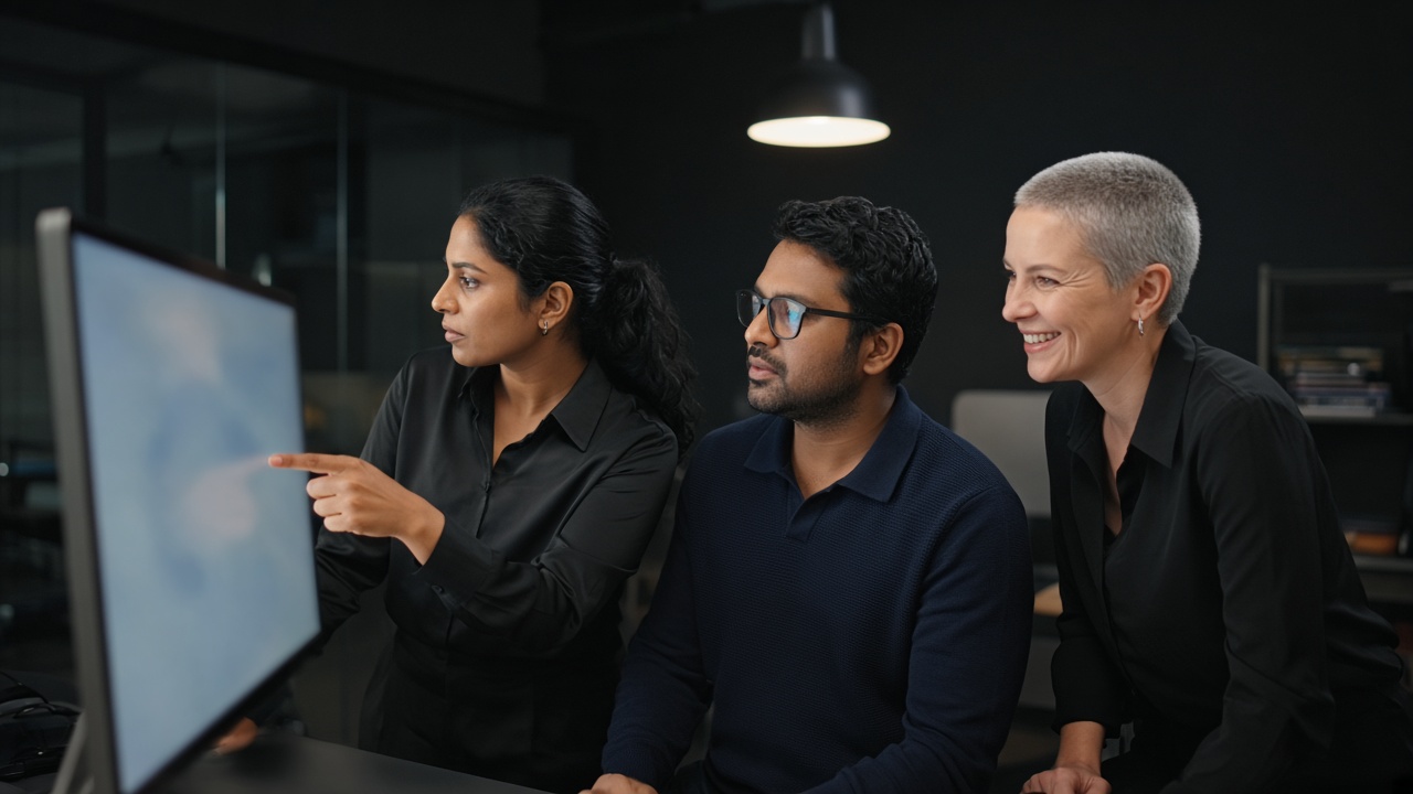 Three colleagues in a dark office, gathered around a large monitor