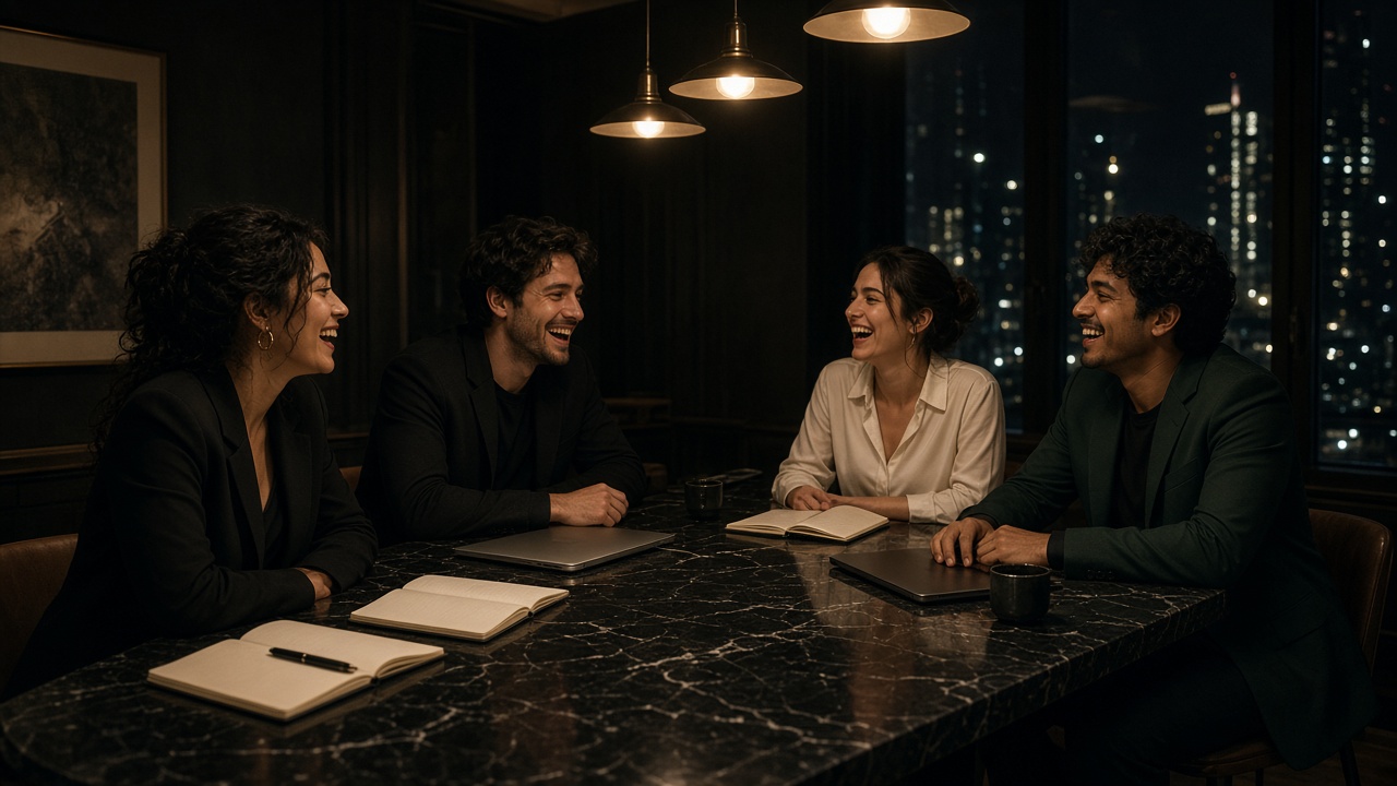 Four people in tailored clothes laughing along a black marble table at night